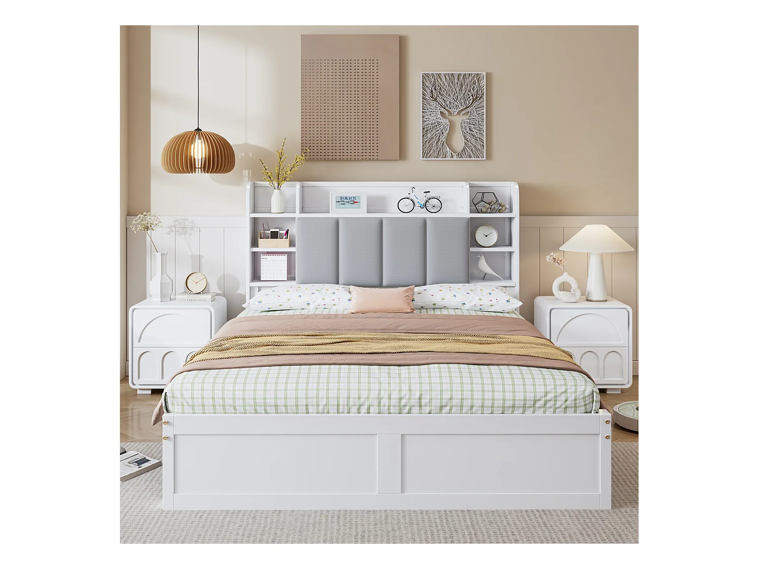 Lit double, étagère, 3 tiroirs, roulettes, poignées métal, rangement porte pliante, pin + MDF, blanc + gris, 140x200cm