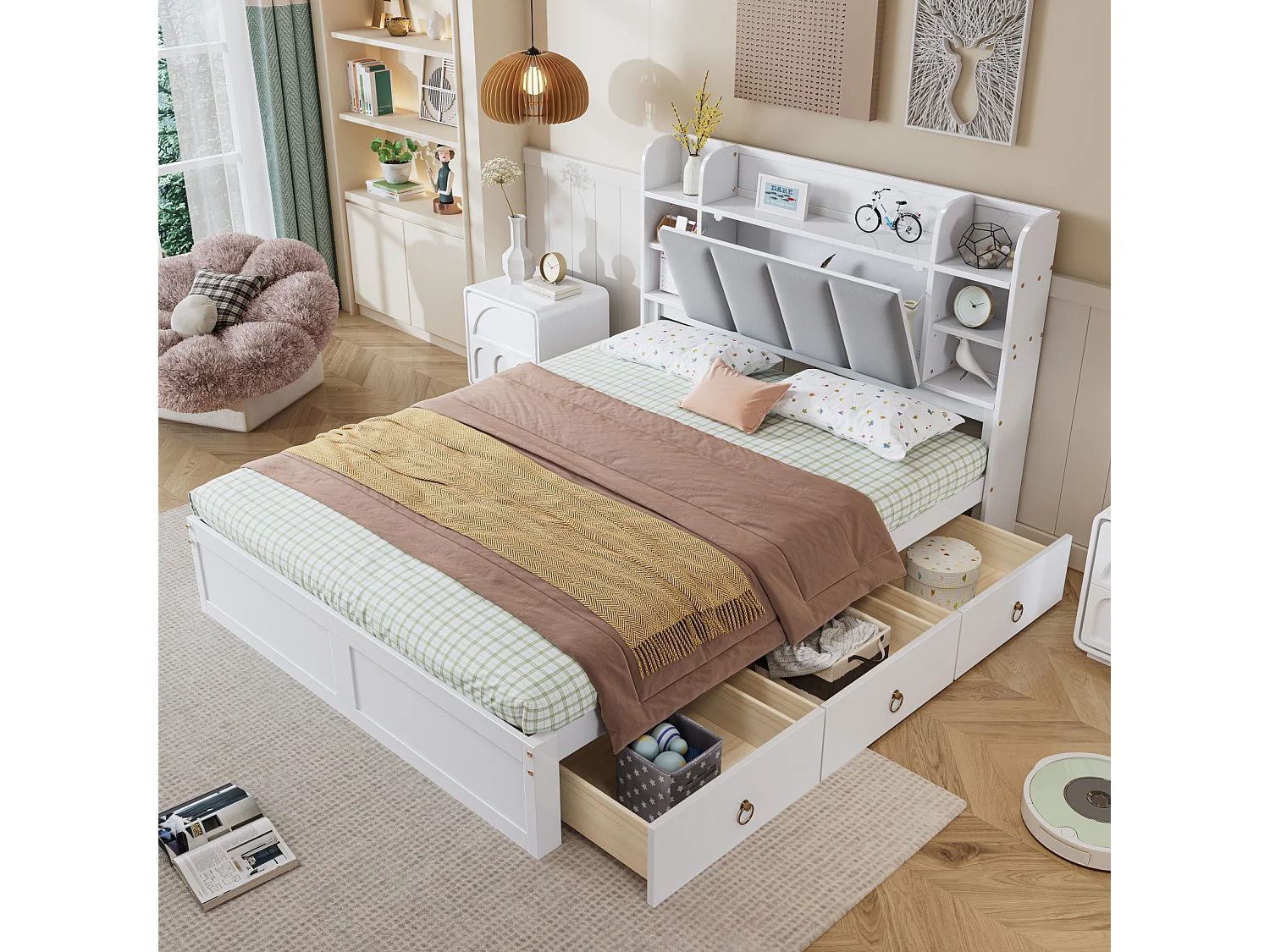 Letto matrimoniale, mensola, 3 cassetti, ruote, maniglie in metallo, contenitore con anta a soffietto, pino+MDF, bianco+grigio, 140x200cm