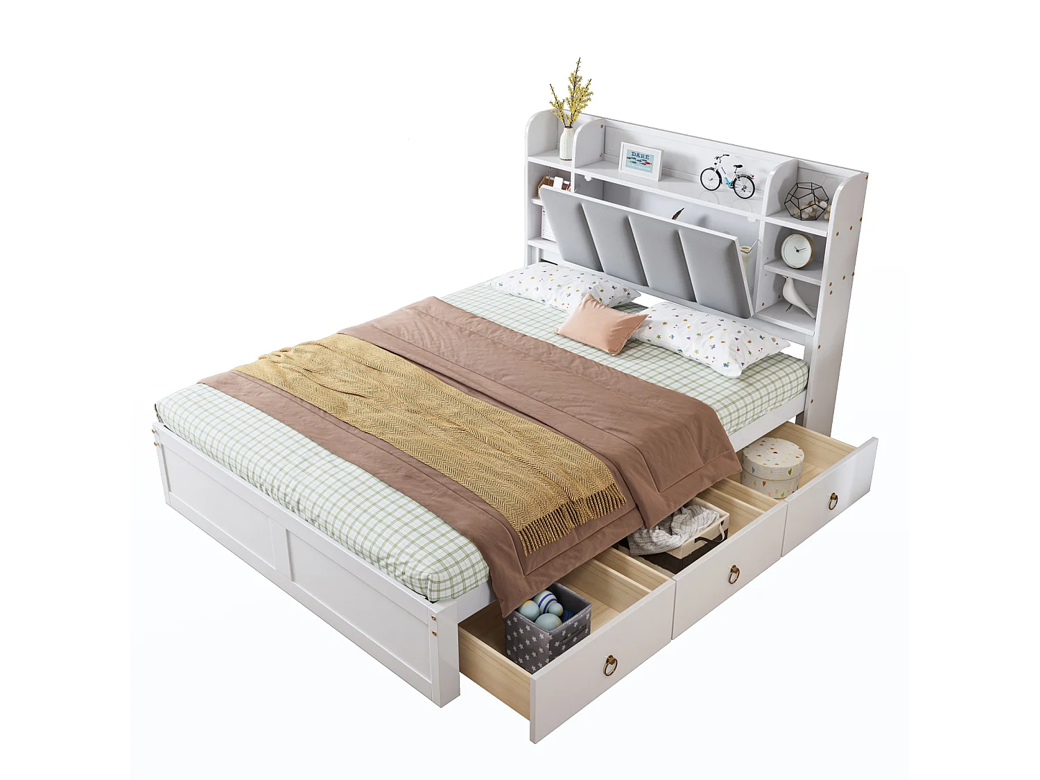 Letto matrimoniale, mensola, 3 cassetti, ruote, maniglie in metallo, contenitore con anta a soffietto, pino+MDF, bianco+grigio, 140x200cm