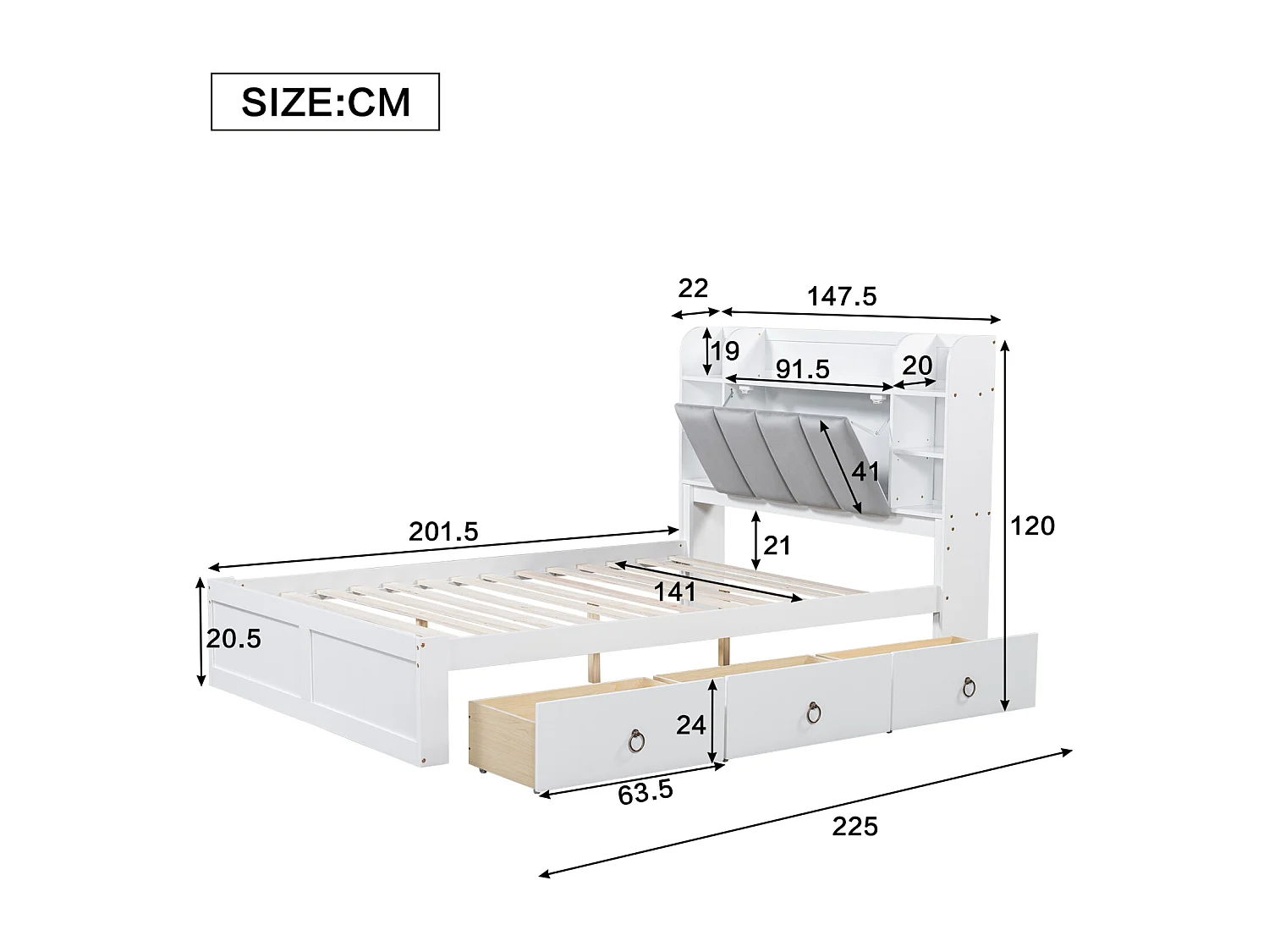 Letto matrimoniale, mensola, 3 cassetti, ruote, maniglie in metallo, contenitore con anta a soffietto, pino+MDF, bianco+grigio, 140x200cm