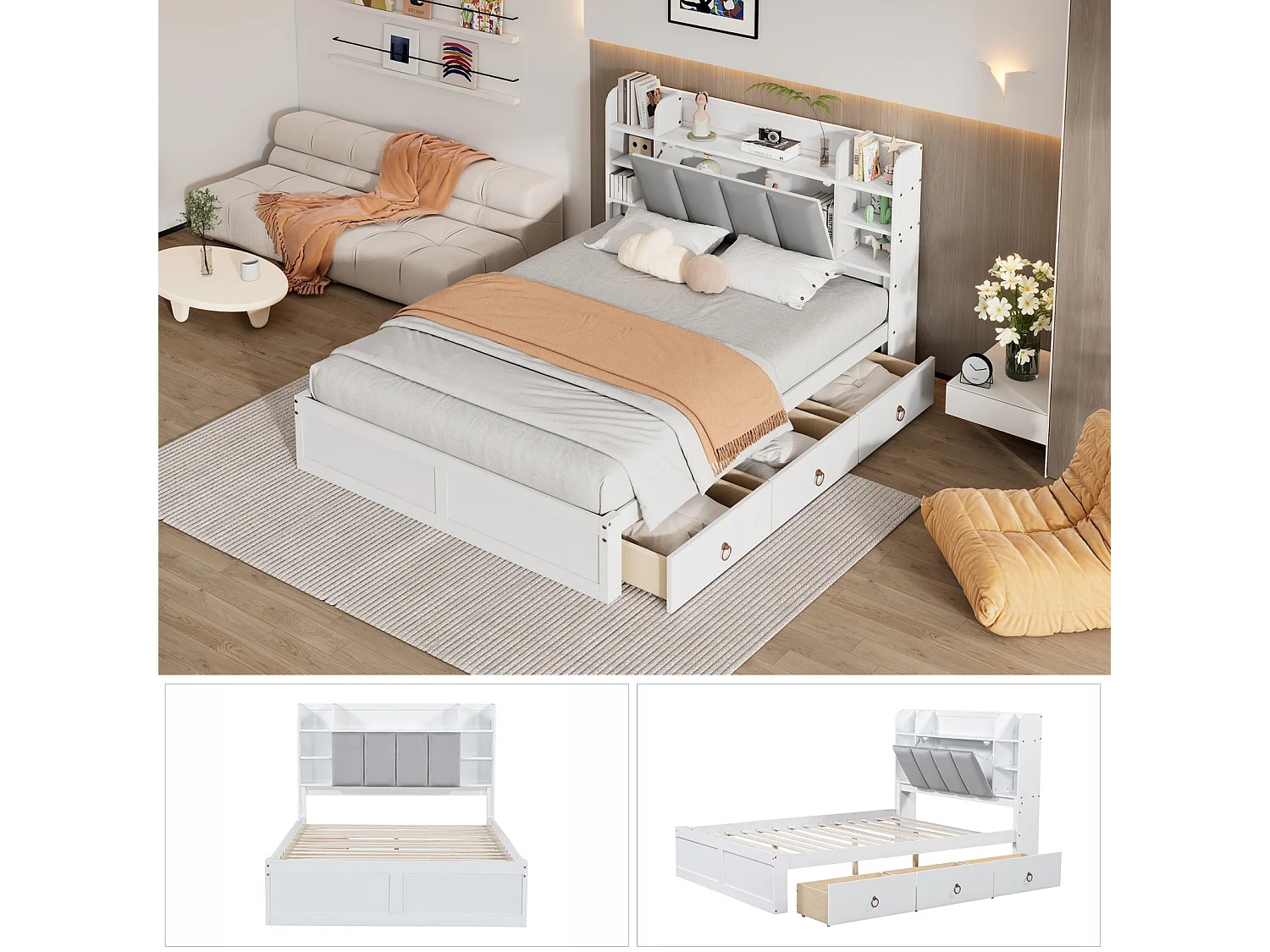 Letto matrimoniale, mensola, 3 cassetti, ruote, maniglie in metallo, contenitore con anta a soffietto, pino+MDF, bianco+grigio, 140x200cm