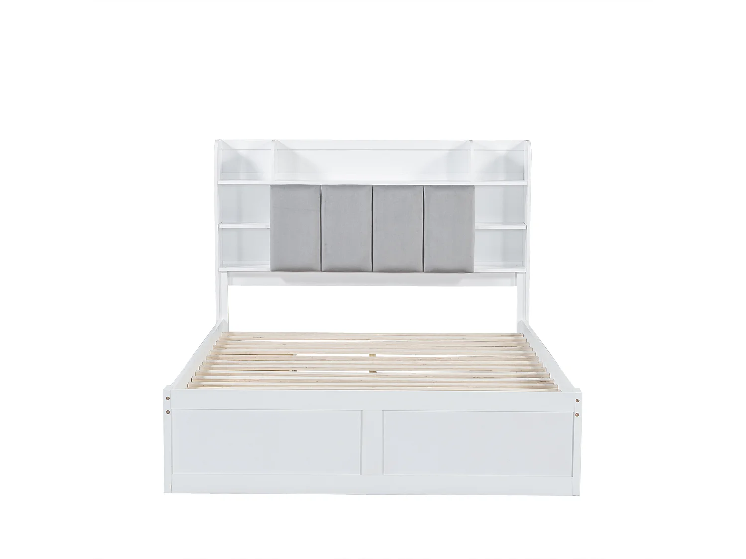 Letto matrimoniale, mensola, 3 cassetti, ruote, maniglie in metallo, contenitore con anta a soffietto, pino+MDF, bianco+grigio, 140x200cm