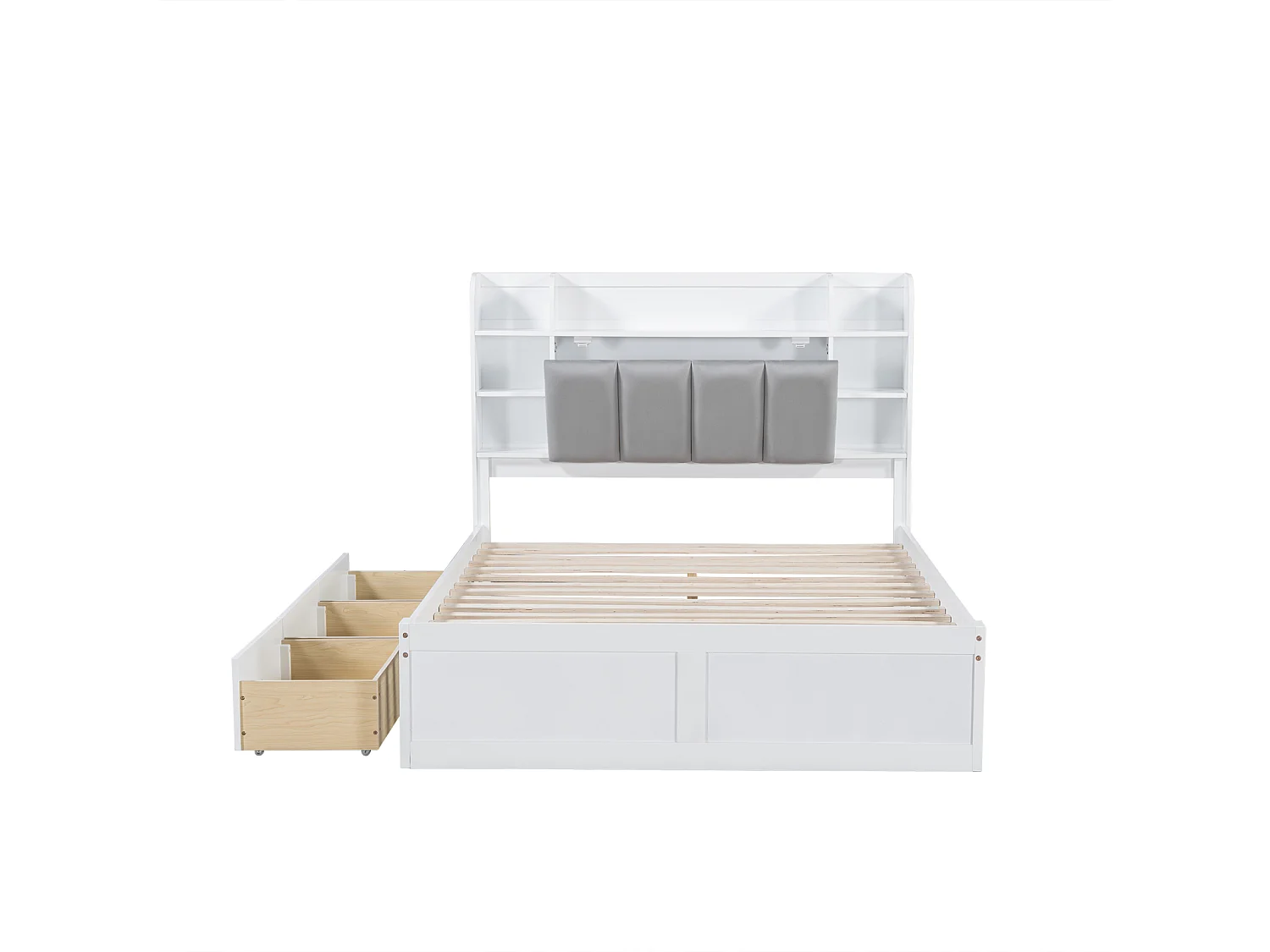 Letto matrimoniale, mensola, 3 cassetti, ruote, maniglie in metallo, contenitore con anta a soffietto, pino+MDF, bianco+grigio, 140x200cm