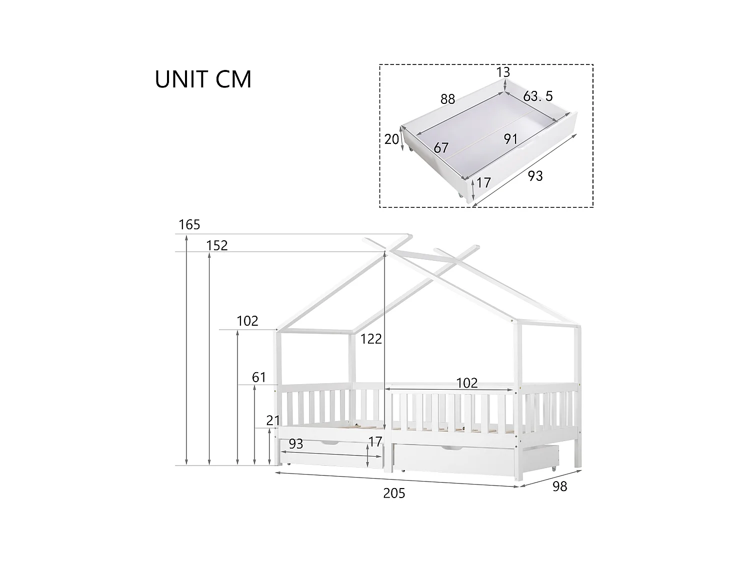 (Não venda Alemanha) Cama casa infantil, 2 gavetas, madeira maciça, proteção, branca, 200x90cm