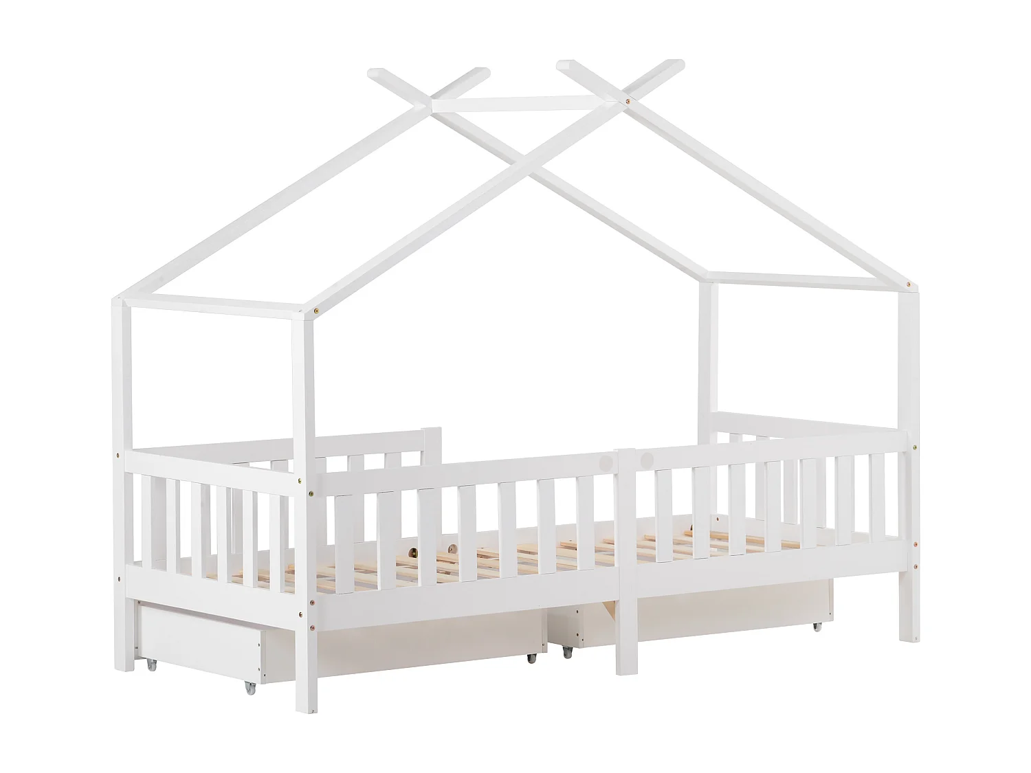 (Não venda Alemanha) Cama casa infantil, 2 gavetas, madeira maciça, proteção, branca, 200x90cm