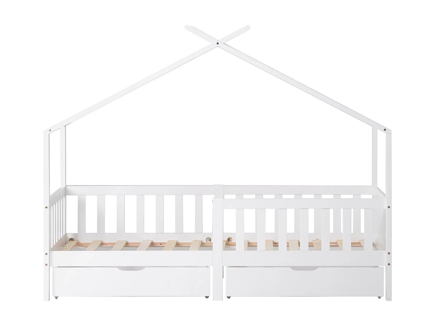 (Não venda Alemanha) Cama casa infantil, 2 gavetas, madeira maciça, proteção, branca, 200x90cm