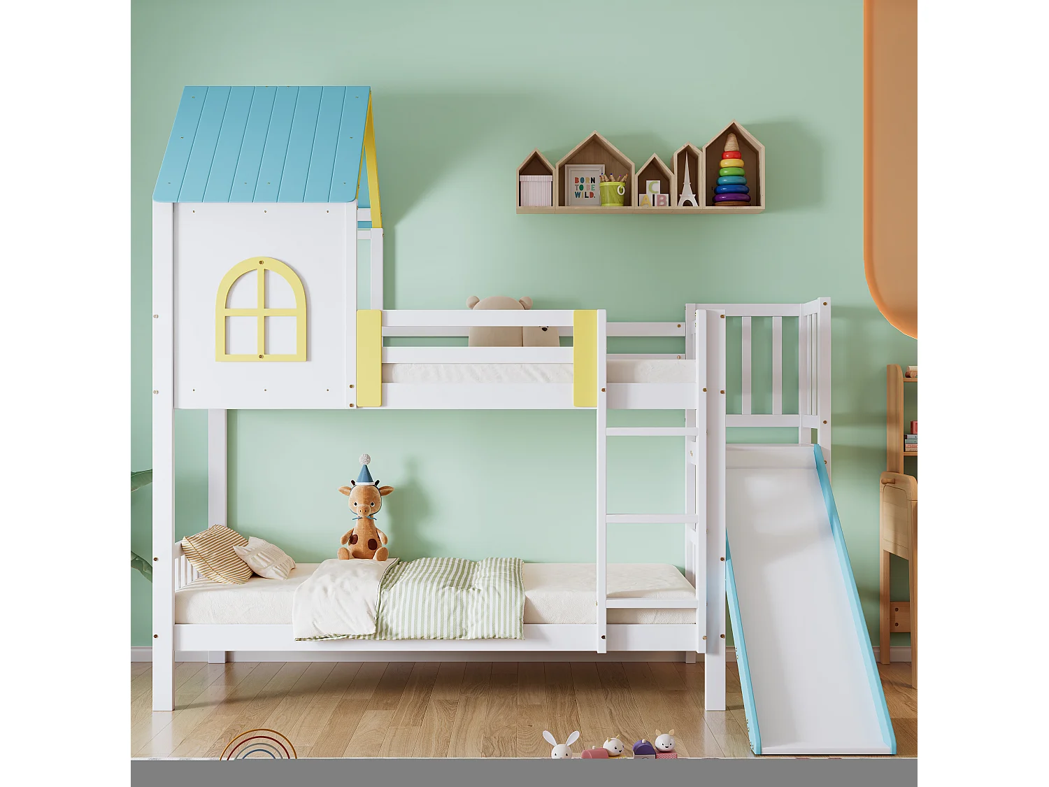 Lit superposé pour enfant, toit, fenêtre, protection, garde-corps, échelle 3 marches, toboggan, pin + MDF, blanc + bleu, 90 x 200 cm