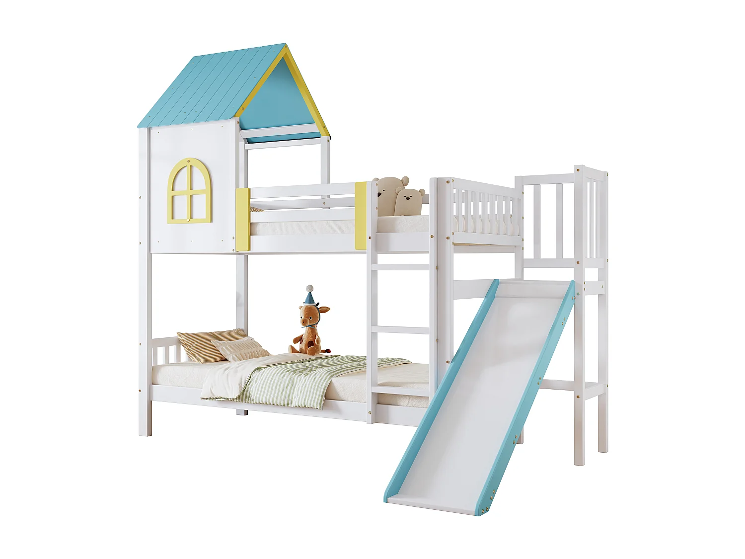 Lit superposé pour enfant, toit, fenêtre, protection, garde-corps, échelle 3 marches, toboggan, pin + MDF, blanc + bleu, 90 x 200 cm