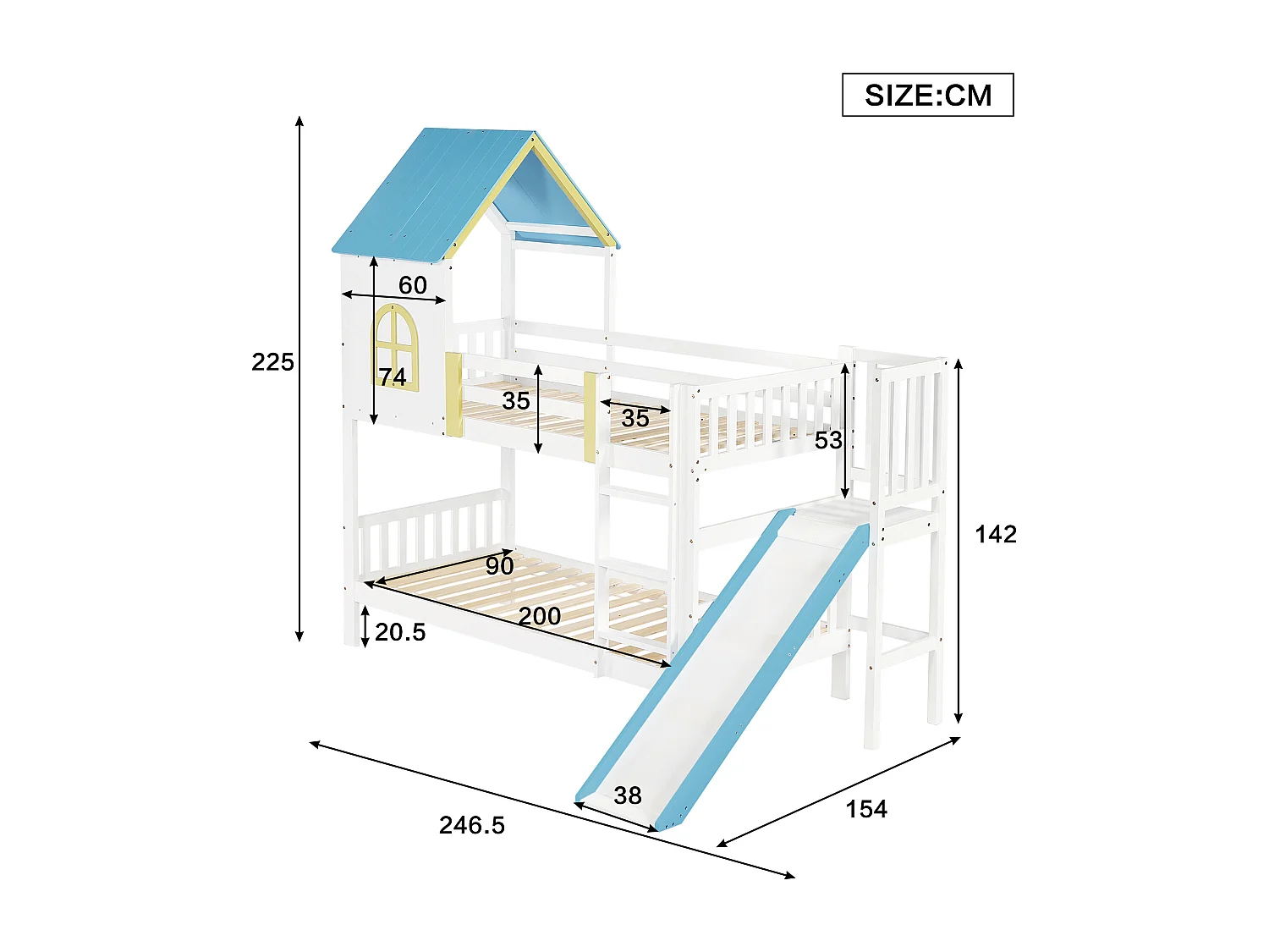 Lit superposé pour enfant, toit, fenêtre, protection, garde-corps, échelle 3 marches, toboggan, pin + MDF, blanc + bleu, 90 x 200 cm