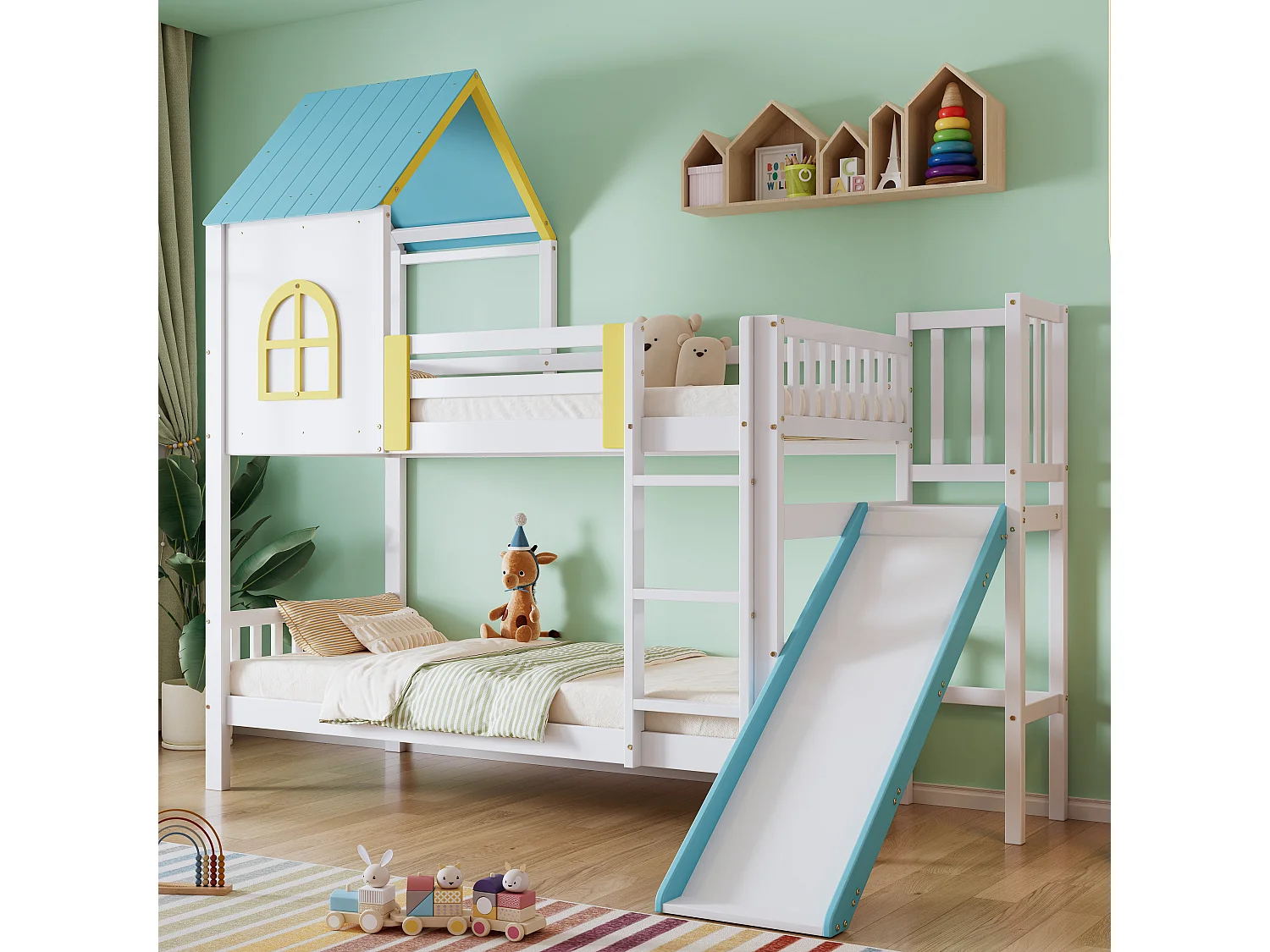 Lit superposé pour enfant, toit, fenêtre, protection, garde-corps, échelle 3 marches, toboggan, pin + MDF, blanc + bleu, 90 x 200 cm