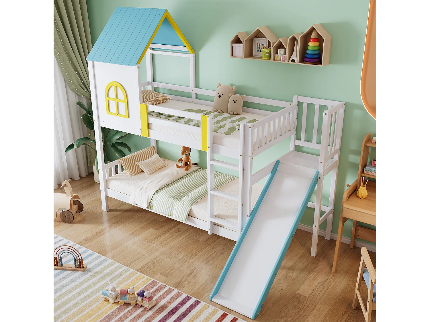 Lit superposé pour enfant, toit, fenêtre, protection, garde-corps, échelle 3 marches, toboggan, pin + MDF, blanc + bleu, 90 x 200 cm