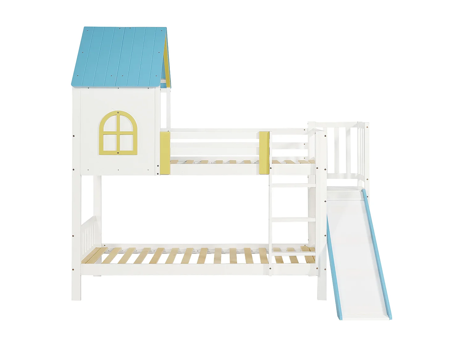 Lit superposé pour enfant, toit, fenêtre, protection, garde-corps, échelle 3 marches, toboggan, pin + MDF, blanc + bleu, 90 x 200 cm