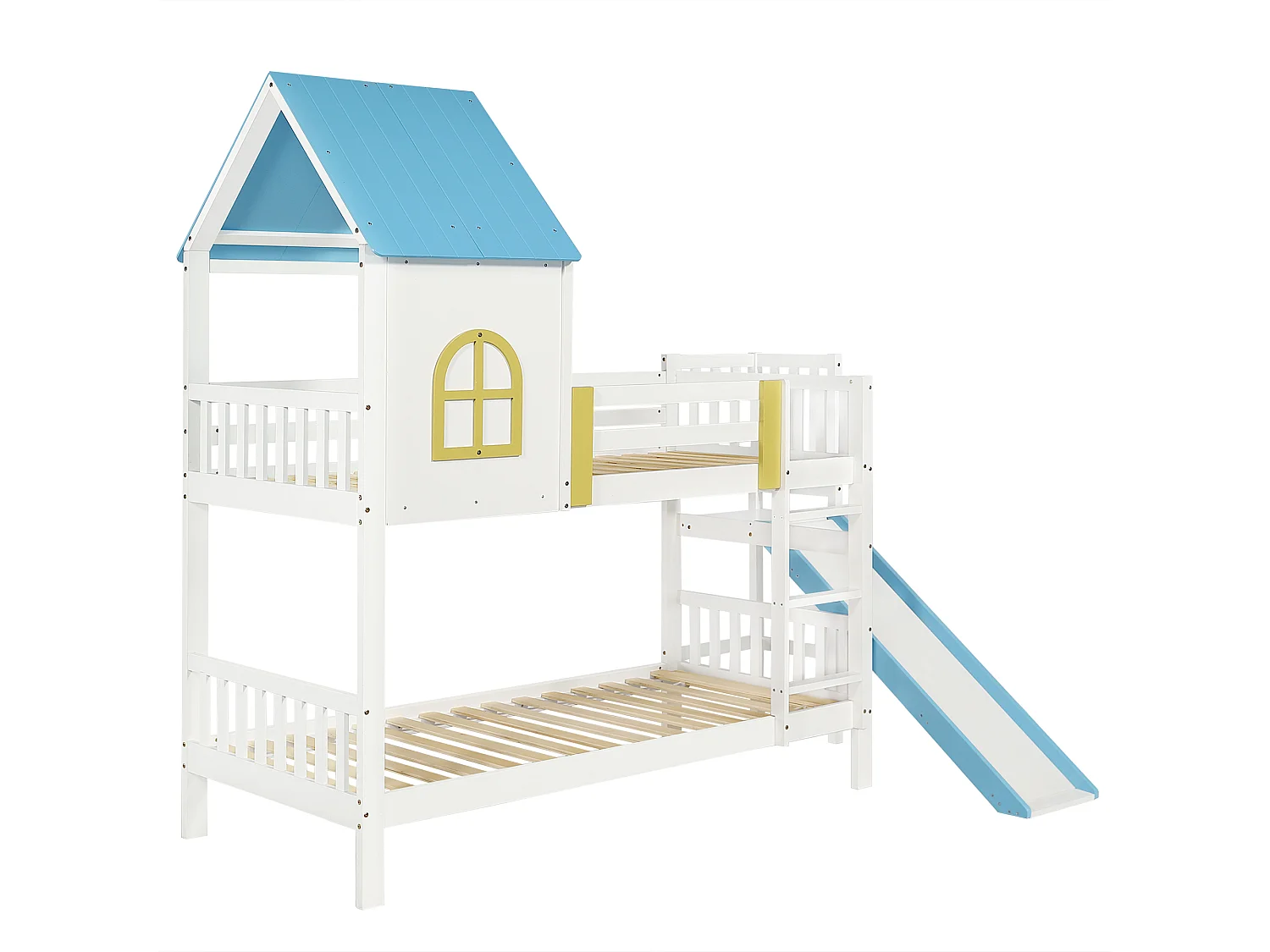 Lit superposé pour enfant, toit, fenêtre, protection, garde-corps, échelle 3 marches, toboggan, pin + MDF, blanc + bleu, 90 x 200 cm