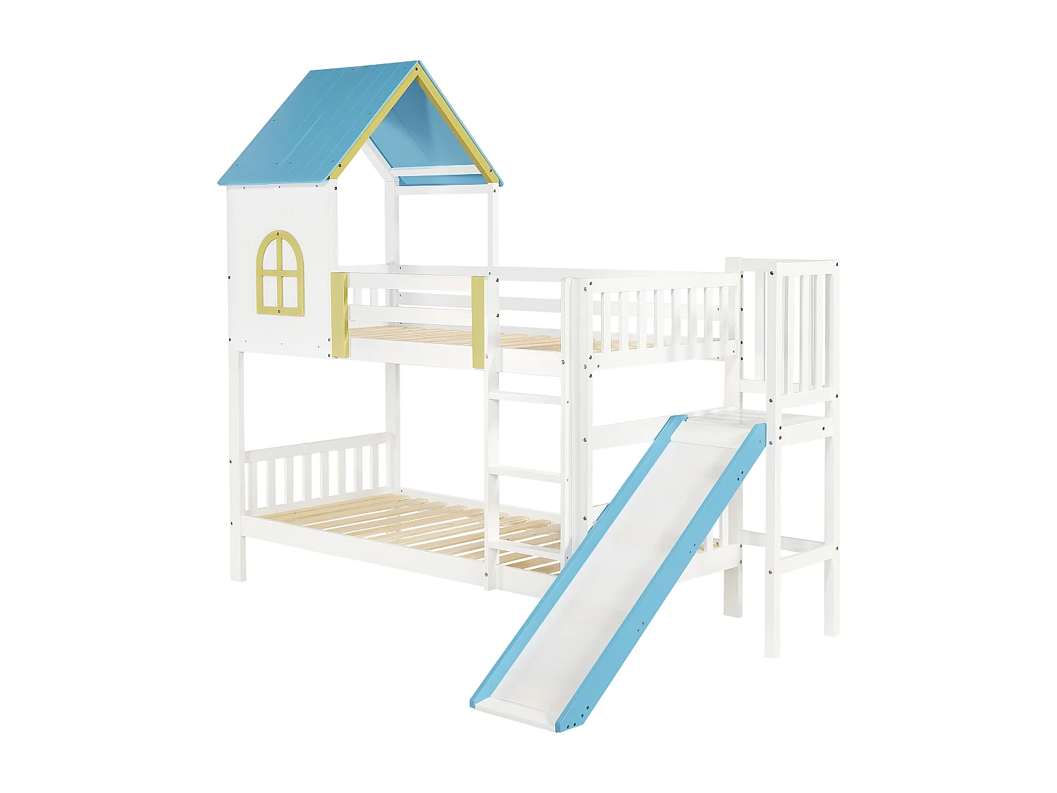 Lit superposé pour enfant, toit, fenêtre, protection, garde-corps, échelle 3 marches, toboggan, pin + MDF, blanc + bleu, 90 x 200 cm