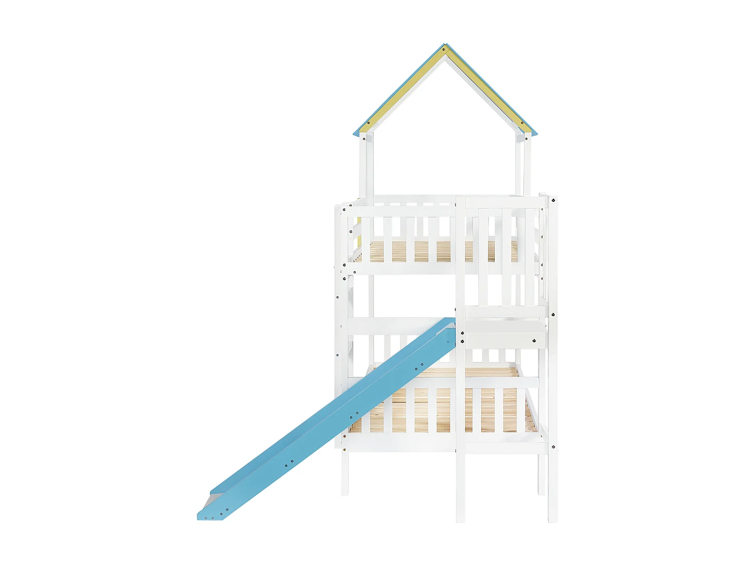 Lit superposé pour enfant, toit, fenêtre, protection, garde-corps, échelle 3 marches, toboggan, pin + MDF, blanc + bleu, 90 x 200 cm