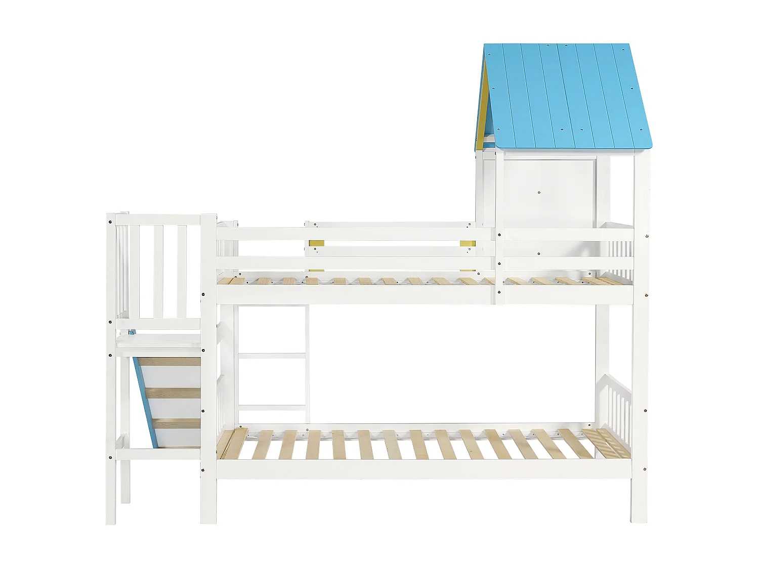 Lit superposé pour enfant, toit, fenêtre, protection, garde-corps, échelle 3 marches, toboggan, pin + MDF, blanc + bleu, 90 x 200 cm