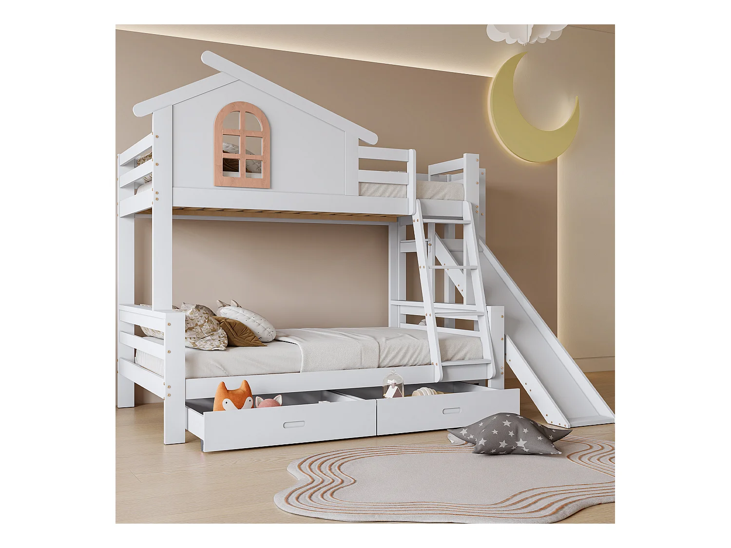 Stapelbed, ramen, 4-traps opvouwbare ladder, glijbaan, 2 lades, massief hout, wit, 90/120x200cm