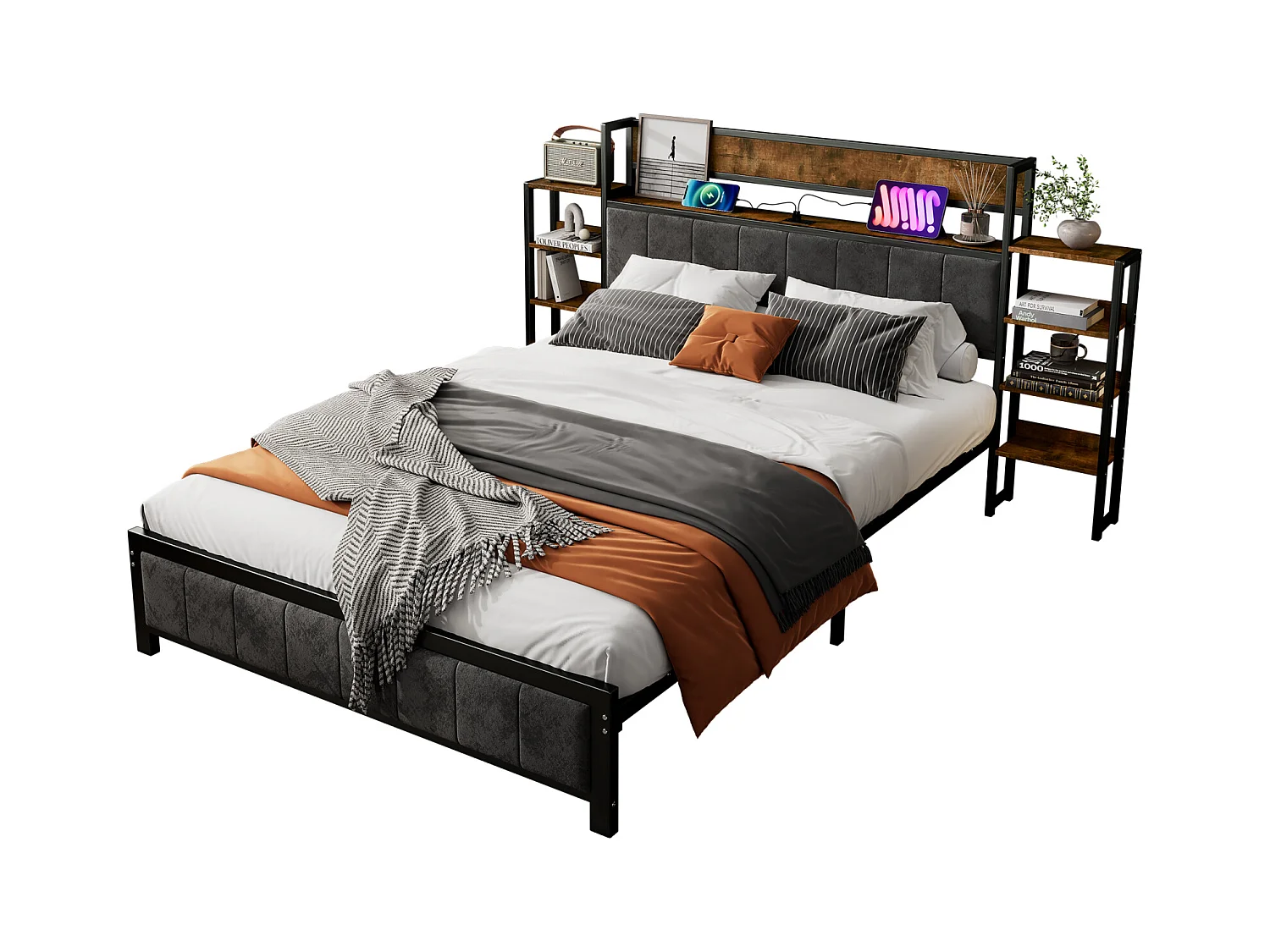 Lit métal, lit coffre, tête de lit étagère, 3 ports USB, velours, ado/adulte, métal+MDF+velours, noir+noyer, 140x200cm