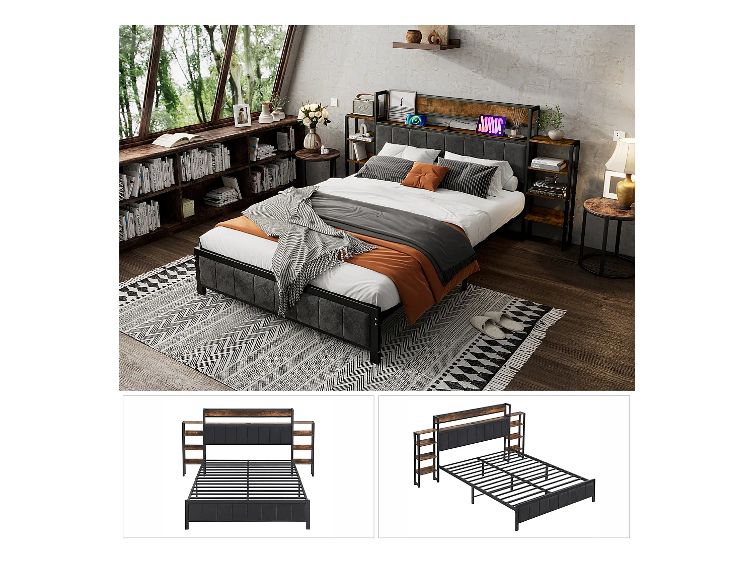 Lit métal, lit coffre, tête de lit étagère, 3 ports USB, velours, ado/adulte, métal+MDF+velours, noir+noyer, 140x200cm