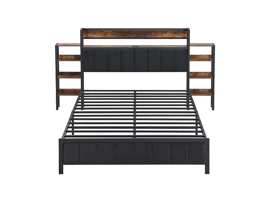 Lit métal, lit coffre, tête de lit étagère, 3 ports USB, velours, ado/adulte, métal+MDF+velours, noir+noyer, 140x200cm