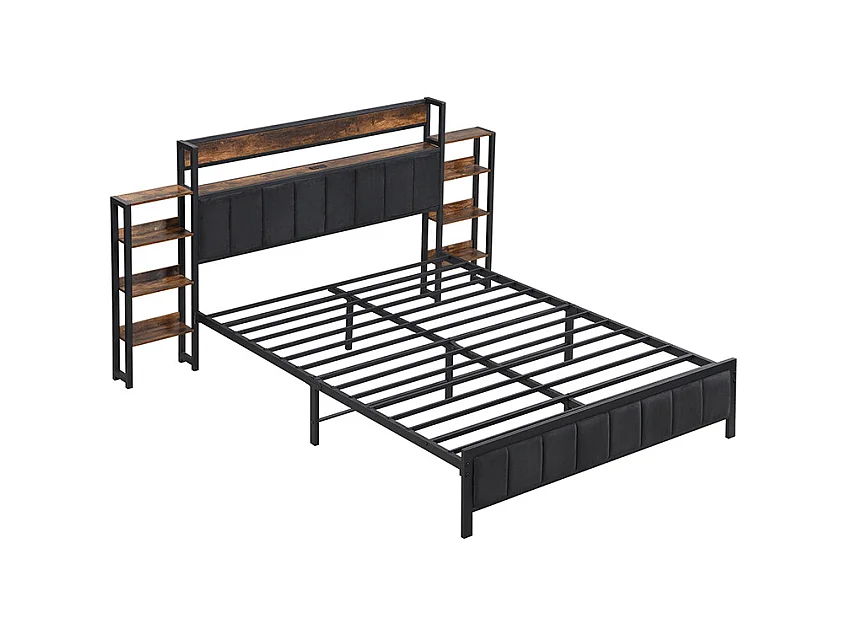 Lit métal, lit coffre, tête de lit étagère, 3 ports USB, velours, ado/adulte, métal+MDF+velours, noir+noyer, 140x200cm