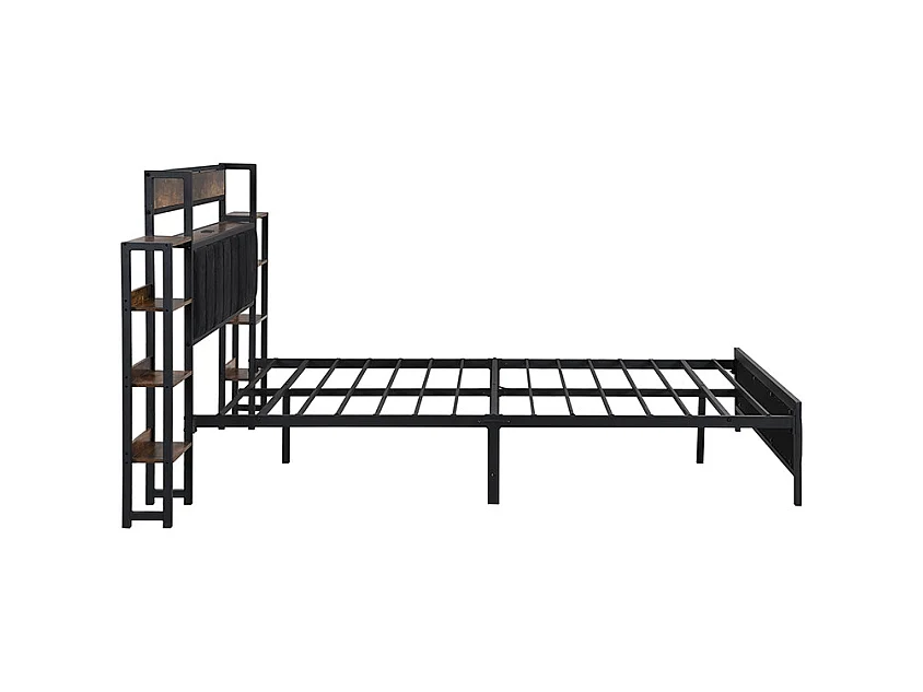 Lit métal, lit coffre, tête de lit étagère, 3 ports USB, velours, ado/adulte, métal+MDF+velours, noir+noyer, 140x200cm