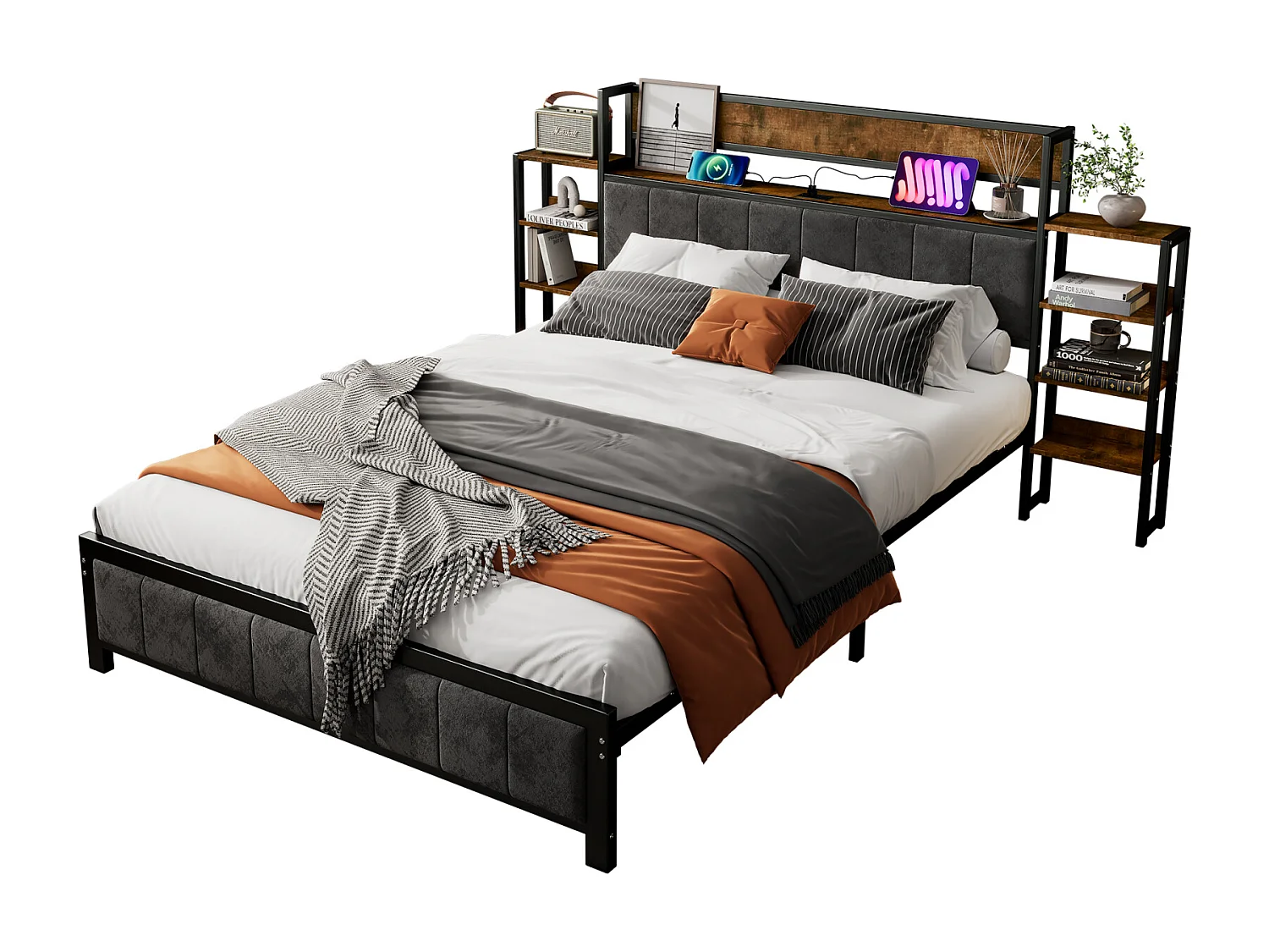 Letto in metallo, letto contenitore, mensola per testiera, 3 porte USB, velluto, ragazzi/adulti, metallo+MDF+velluto, nero+noce, 140x200cm