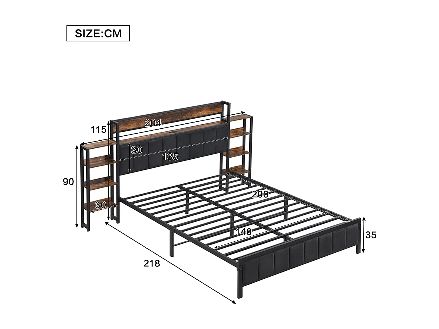Letto in metallo, letto contenitore, mensola per testiera, 3 porte USB, velluto, ragazzi/adulti, metallo+MDF+velluto, nero+noce, 140x200cm