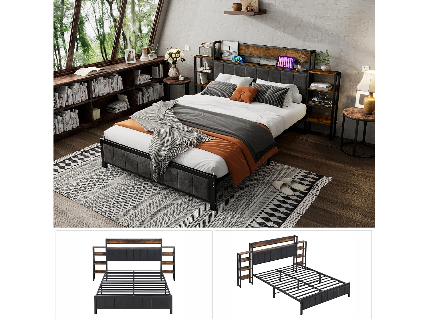 Letto in metallo, letto contenitore, mensola per testiera, 3 porte USB, velluto, ragazzi/adulti, metallo+MDF+velluto, nero+noce, 140x200cm