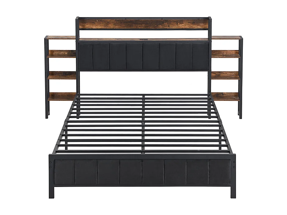 Letto in metallo, letto contenitore, mensola per testiera, 3 porte USB, velluto, ragazzi/adulti, metallo+MDF+velluto, nero+noce, 140x200cm