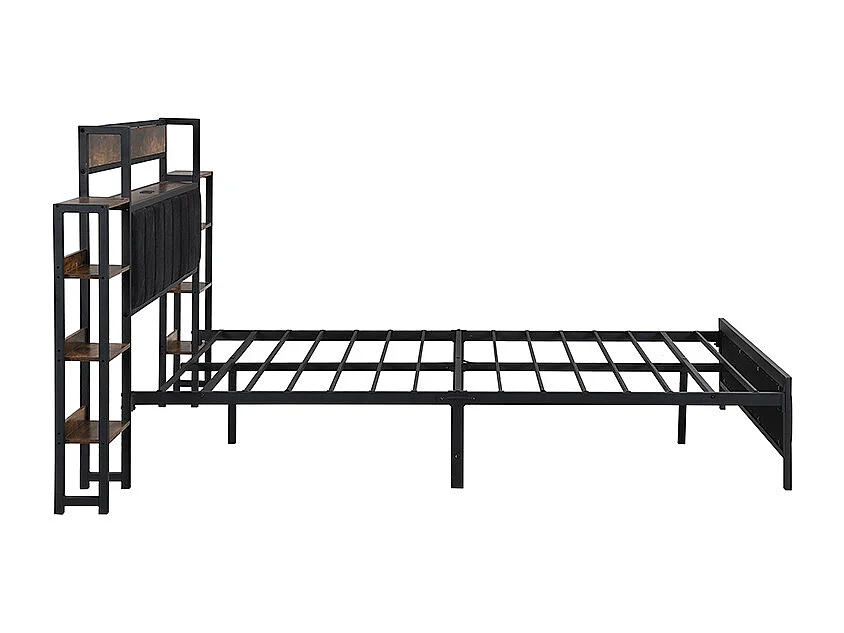 Letto in metallo, letto contenitore, mensola per testiera, 3 porte USB, velluto, ragazzi/adulti, metallo+MDF+velluto, nero+noce, 140x200cm