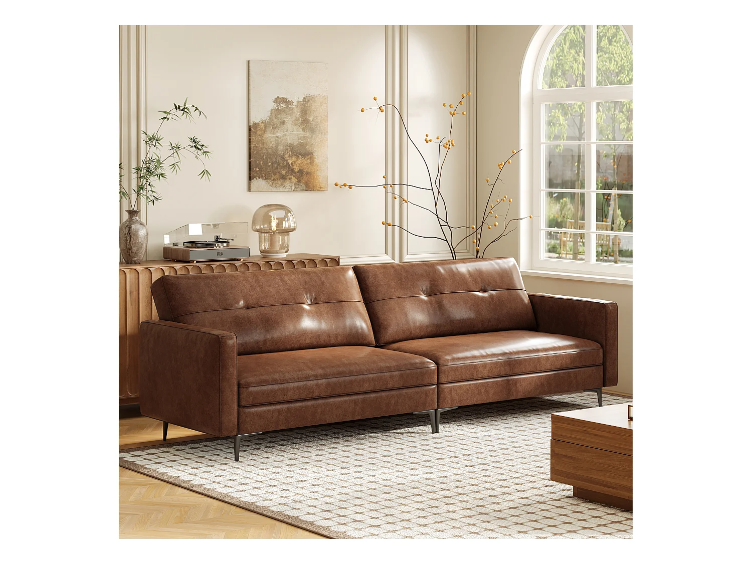 3-zits vintage bank van kunstleer met knopen, metalen poten en rechte armleuningen, bruin