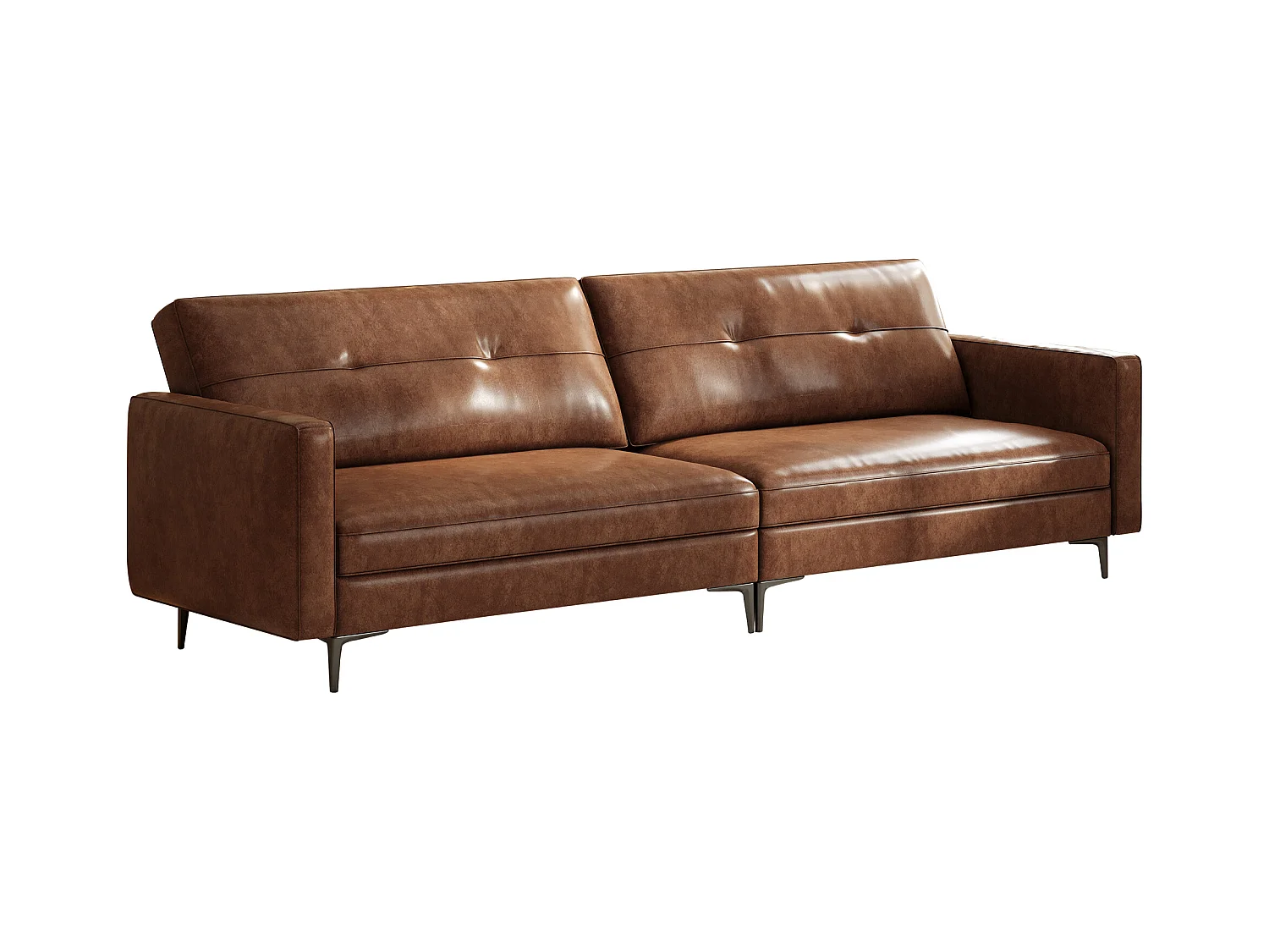 3-zits vintage bank van kunstleer met knopen, metalen poten en rechte armleuningen, bruin