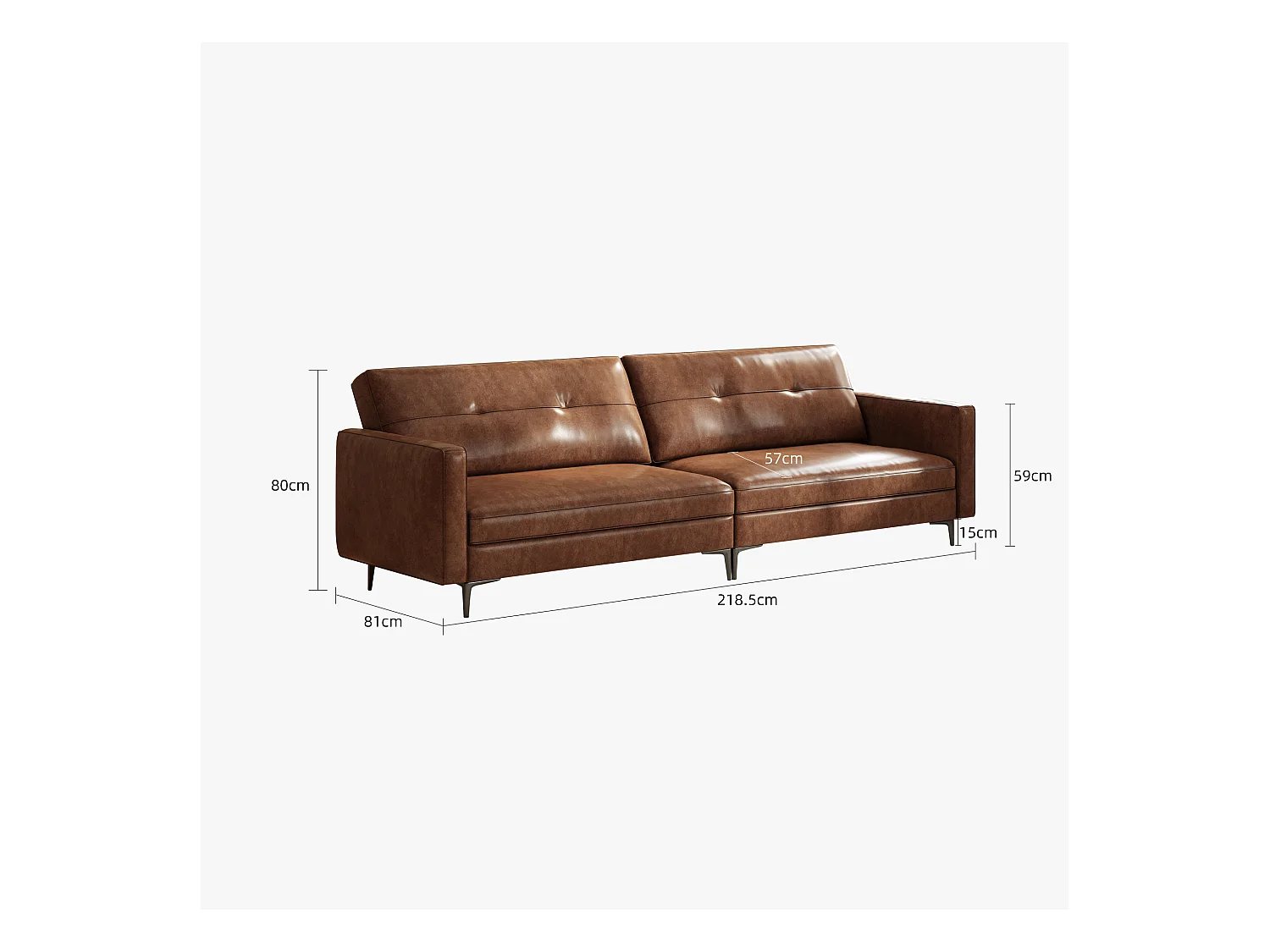 Canapé 3 places en simili cuir vintage – Canapé compact en cuir artificiel avec capitonnage à boutons, pieds en métal et accoudoirs droits, marron – Canapé rétro po