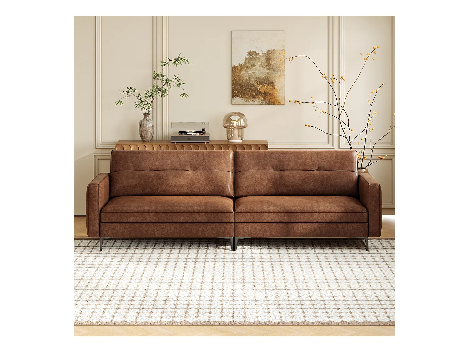 Canapé 3 places en simili cuir vintage – Canapé compact en cuir artificiel avec capitonnage à boutons, pieds en métal et accoudoirs droits, marron – Canapé rétro po