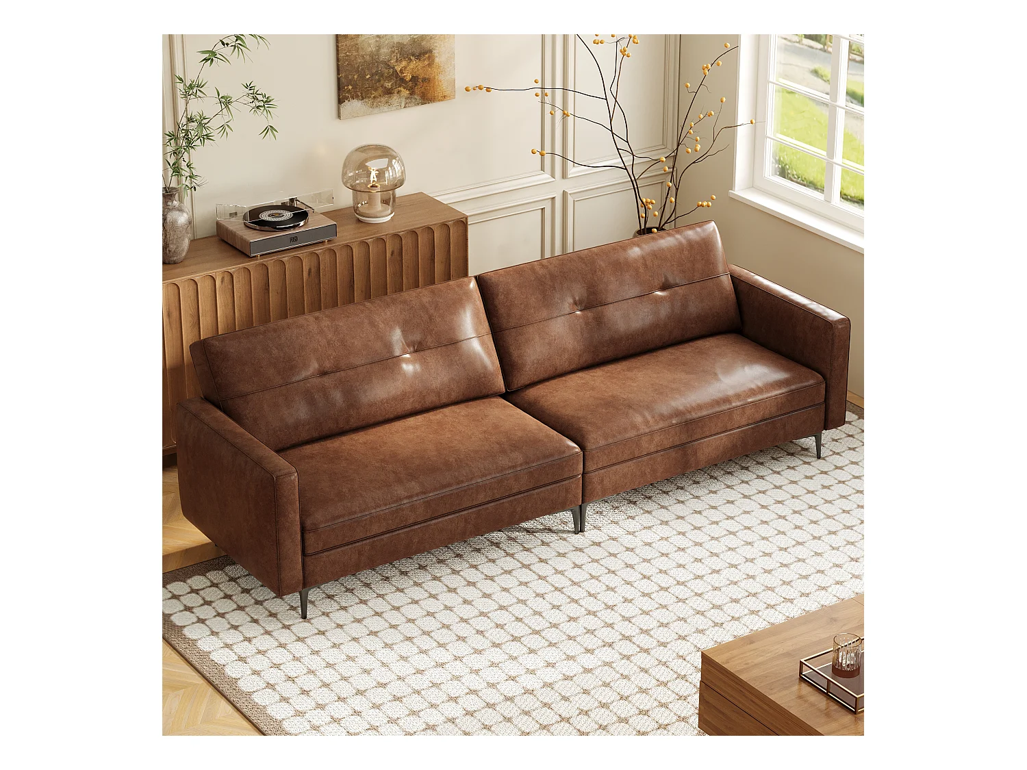 Canapé 3 places en simili cuir vintage – Canapé compact en cuir artificiel avec capitonnage à boutons, pieds en métal et accoudoirs droits, marron – Canapé rétro po