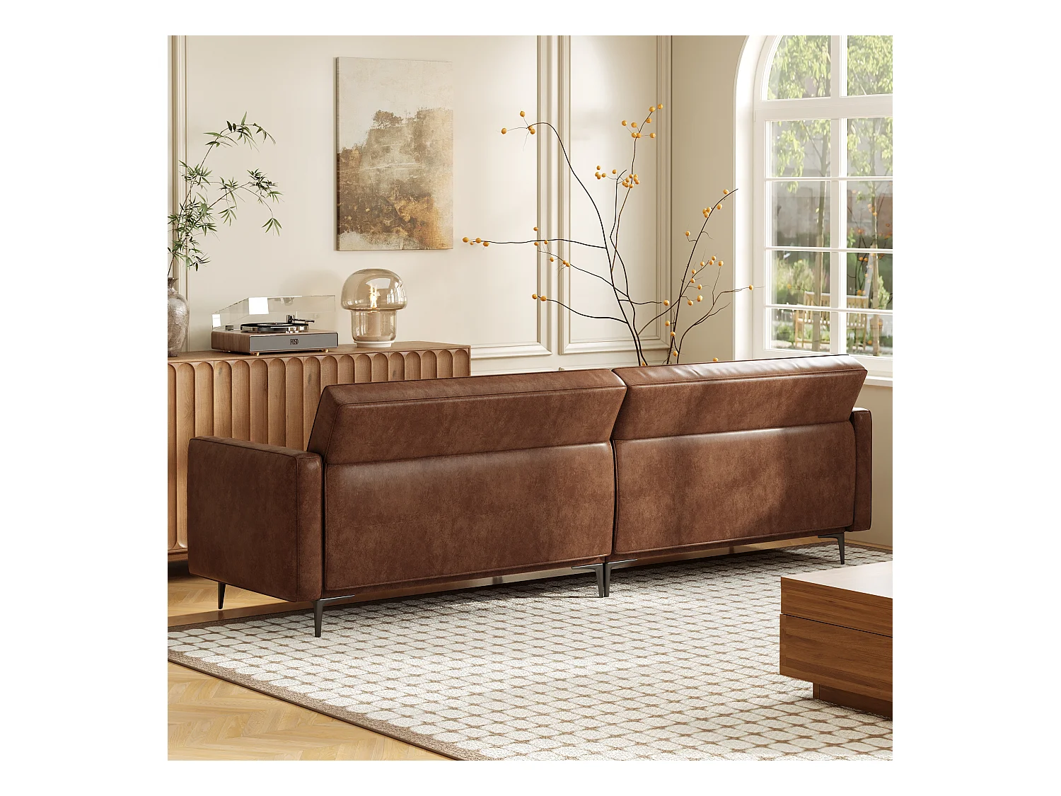 Canapé 3 places en simili cuir vintage – Canapé compact en cuir artificiel avec capitonnage à boutons, pieds en métal et accoudoirs droits, marron – Canapé rétro po