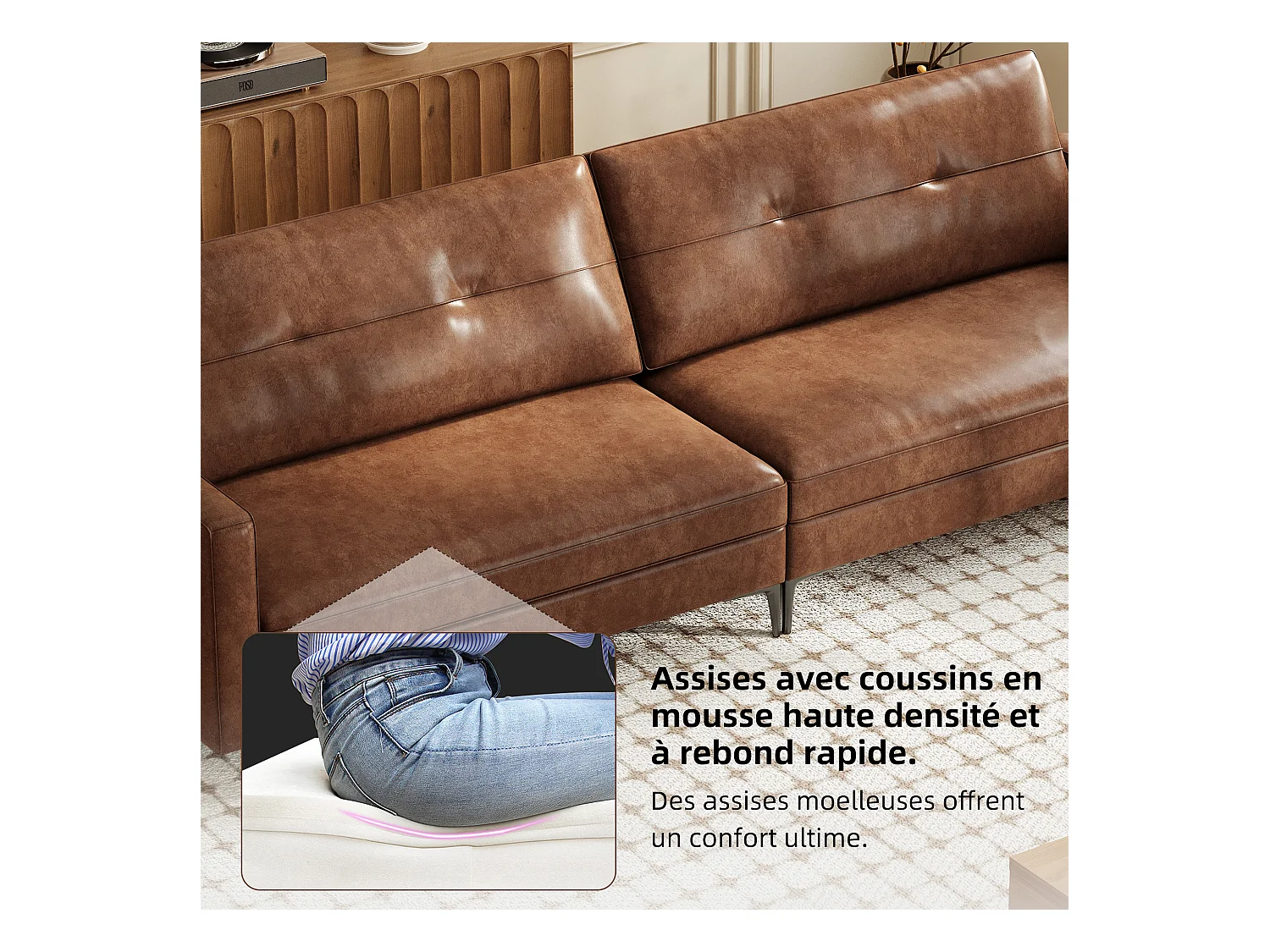 Canapé 3 places en simili cuir vintage – Canapé compact en cuir artificiel avec capitonnage à boutons, pieds en métal et accoudoirs droits, marron – Canapé rétro po