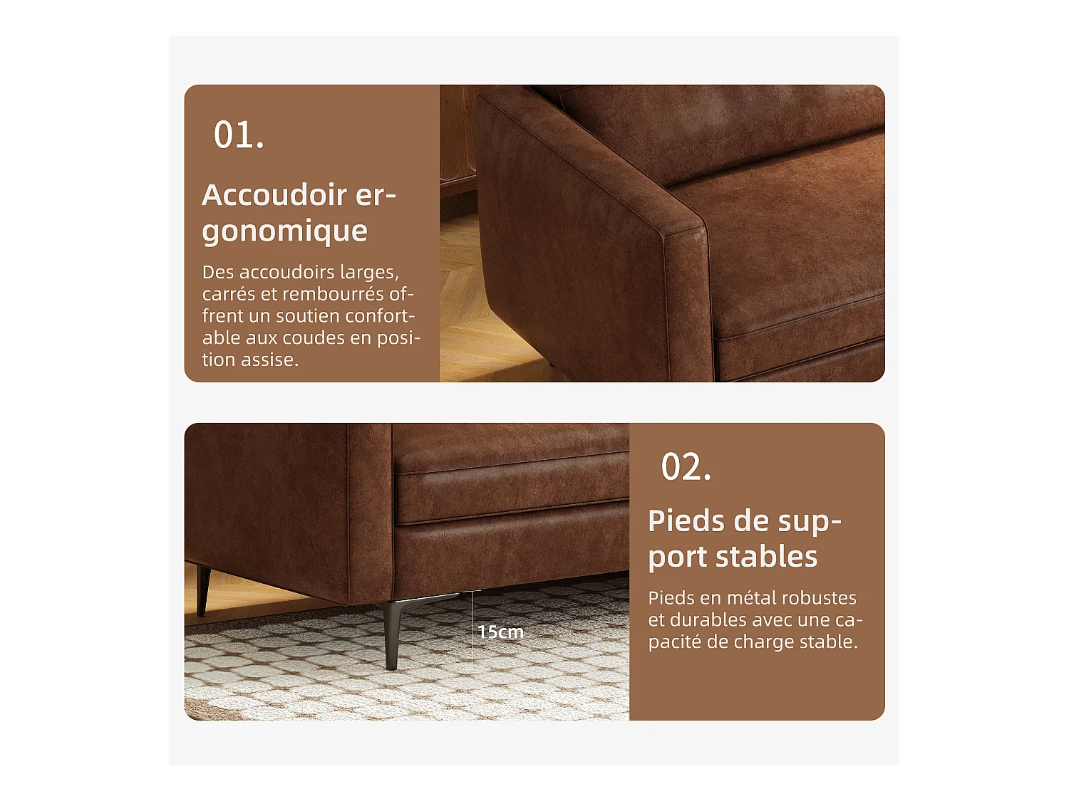 Canapé 3 places en simili cuir vintage – Canapé compact en cuir artificiel avec capitonnage à boutons, pieds en métal et accoudoirs droits, marron – Canapé rétro po