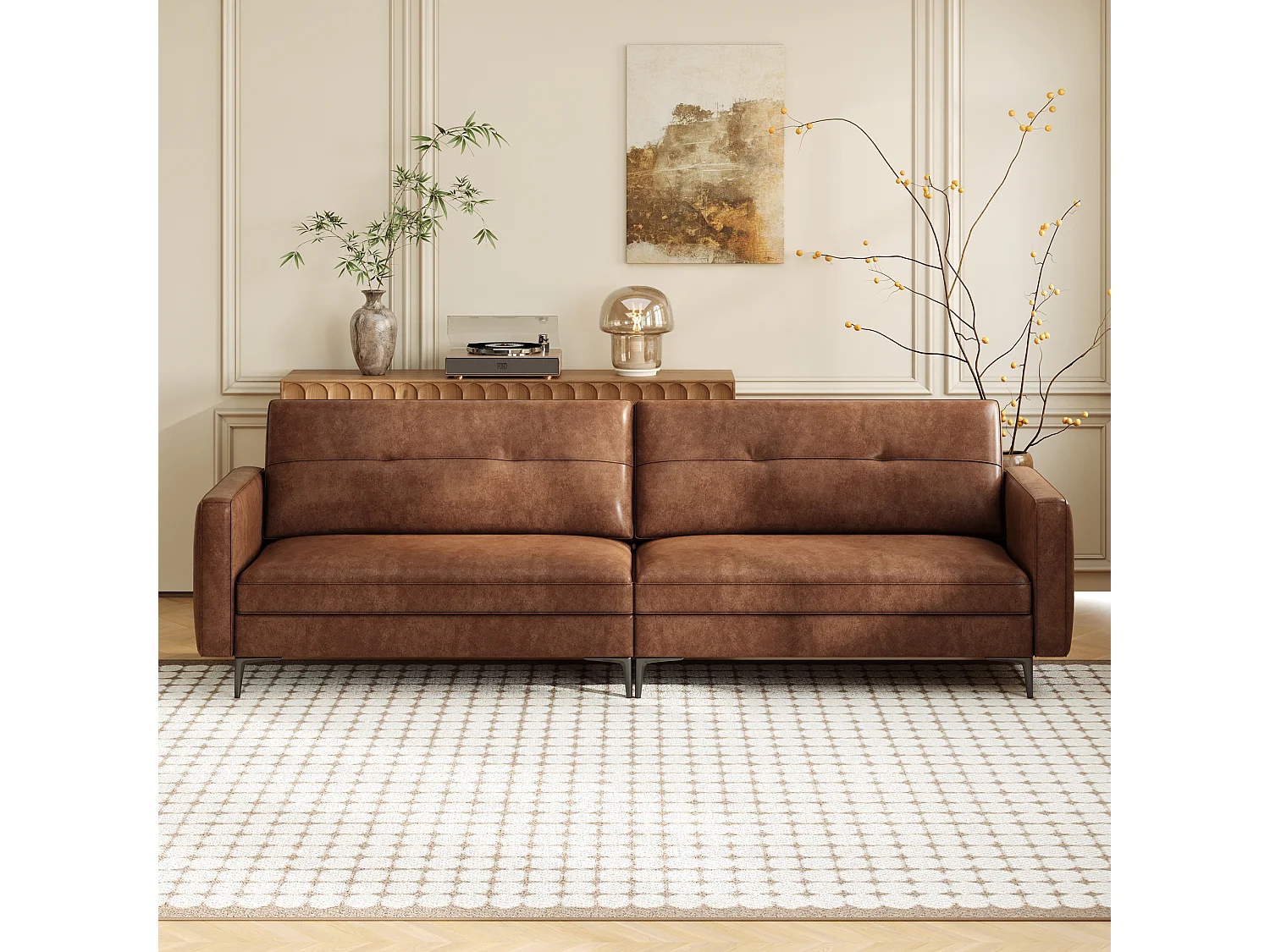 Canapé 3 places en simili cuir vintage – Canapé compact en cuir artificiel avec capitonnage à boutons, pieds en métal et accoudoirs droits, marron – Canapé rétro po