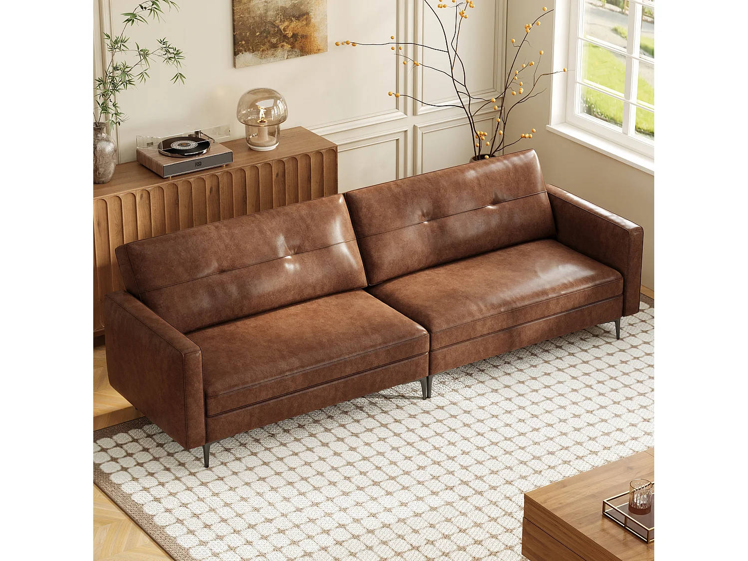 Canapé 3 places en simili cuir vintage – Canapé compact en cuir artificiel avec capitonnage à boutons, pieds en métal et accoudoirs droits, marron – Canapé rétro po