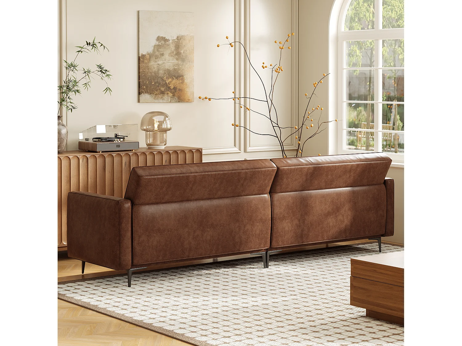 Canapé 3 places en simili cuir vintage – Canapé compact en cuir artificiel avec capitonnage à boutons, pieds en métal et accoudoirs droits, marron – Canapé rétro po