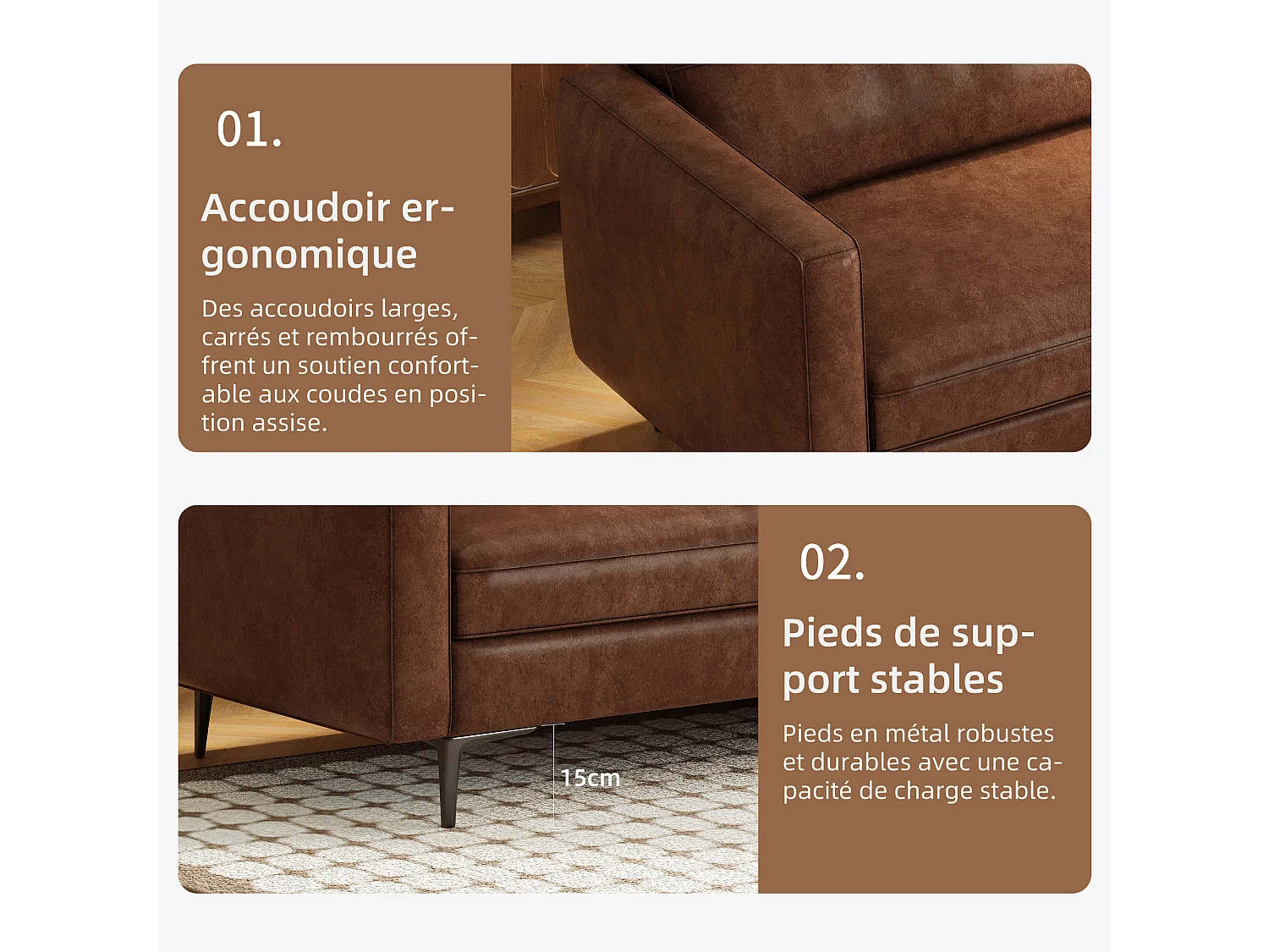 Canapé 3 places en simili cuir vintage – Canapé compact en cuir artificiel avec capitonnage à boutons, pieds en métal et accoudoirs droits, marron – Canapé rétro po