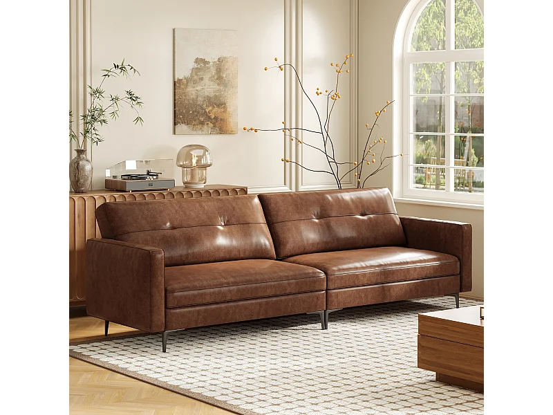 3-zits vintage bank van kunstleer met knopen, metalen poten en rechte armleuningen, bruin