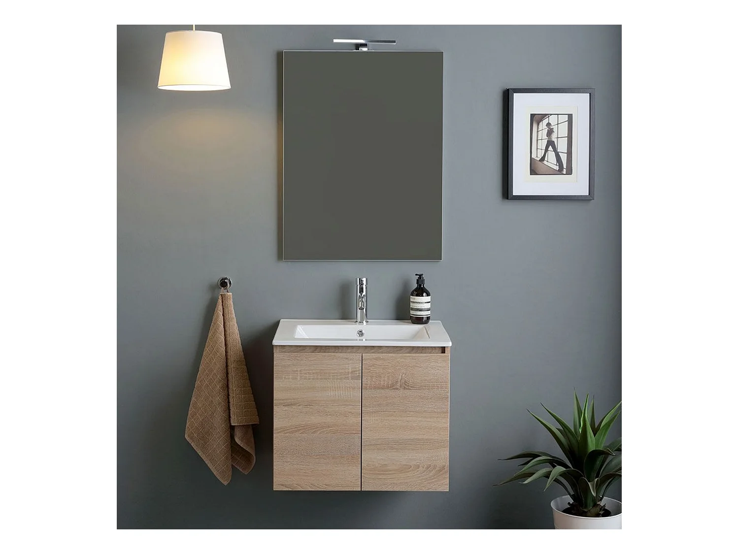 Meuble de salle de bain suspendu en chêne « Belize » de 60 cm avec 2 portes vasques en céramique et miroir de 60 x 80 cm