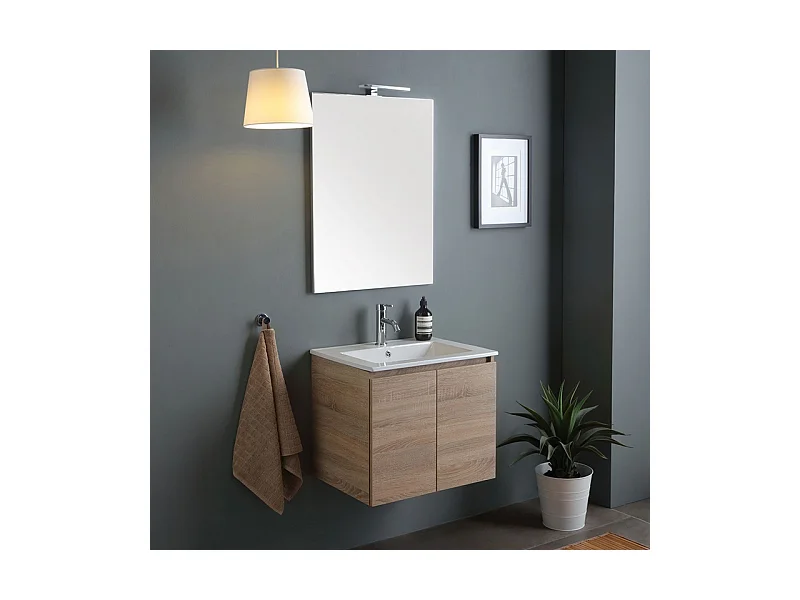 Meuble de salle de bain suspendu en chêne « Belize » de 60 cm avec 2 portes vasques en céramique et miroir de 60 x 80 cm