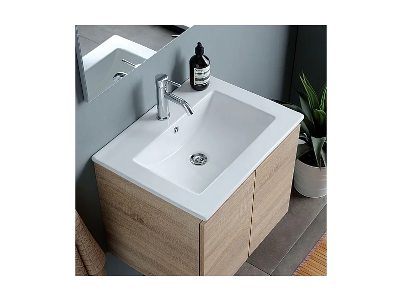 Meuble de salle de bain suspendu en chêne « Belize » de 60 cm avec 2 portes vasques en céramique et miroir de 60 x 80 cm