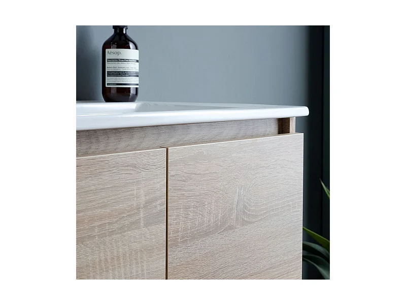 Meuble de salle de bain suspendu en chêne « Belize » de 60 cm avec 2 portes vasques en céramique et miroir de 60 x 80 cm