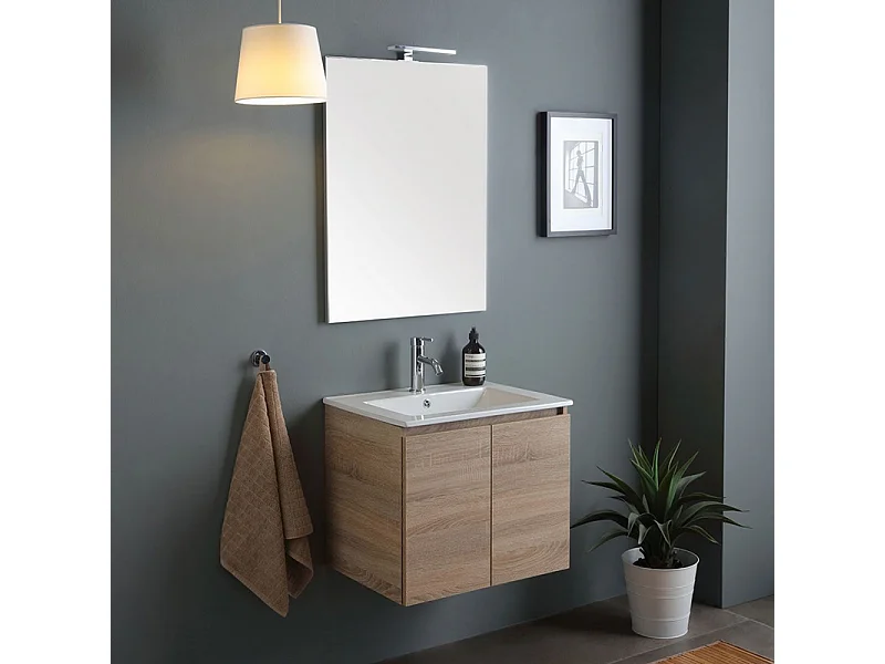 Szafka łazienkowa wisząca 60 cm w kolorze dębu "Belize" z 2 ceramicznymi drzwiami do umywalki i lustrem 60x80 cm