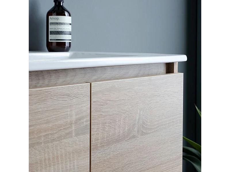 Szafka łazienkowa wisząca 60 cm w kolorze dębu "Belize" z 2 ceramicznymi drzwiami do umywalki i lustrem 60x80 cm